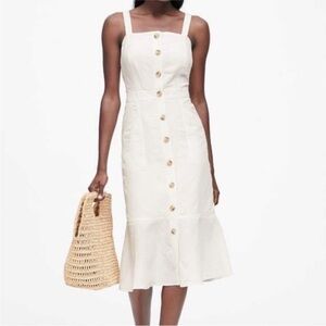 Banana Republic Cream Linen Button-Front Midi Dress w Ruffle Hem